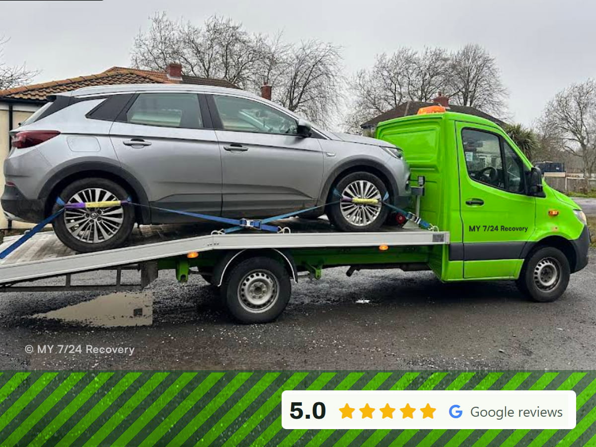 MY 24/7 Recovery flatbed truck recovering a car in Doncaster