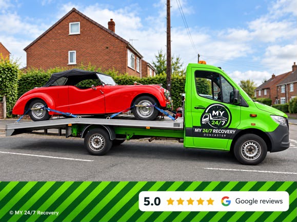 MY 24/7 Recovery flatbed truck recovering a car in Doncaster